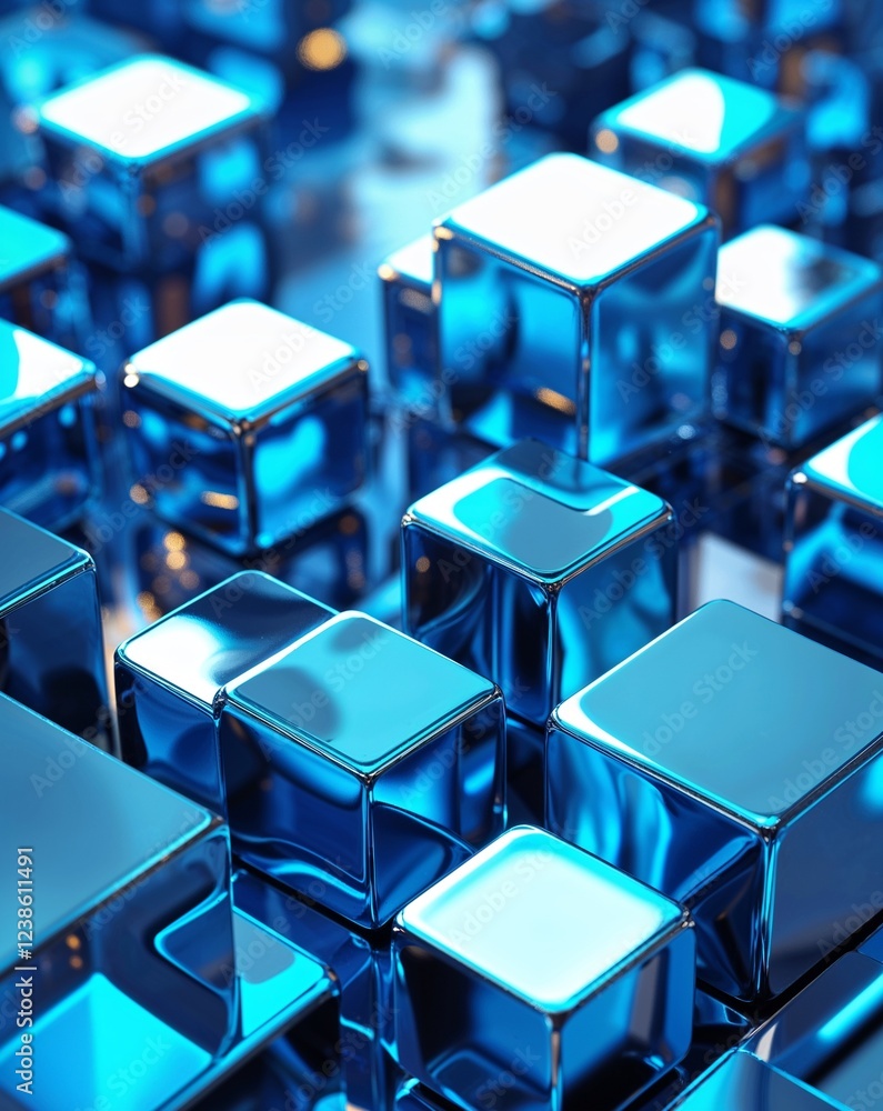 Aufkleber cyan metallic cubes with mirrored surfaces and subtle glowing reflections abstract background
