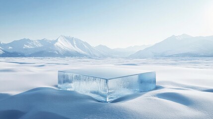 Transparent ice cube on snow with mountain background in winter landscape scene