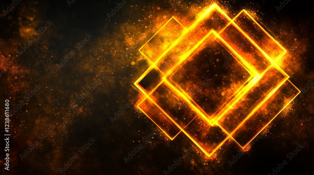 Poster bright orange and golden shapes radiate light against a dark backdrop, creating a mesmerizing abstra