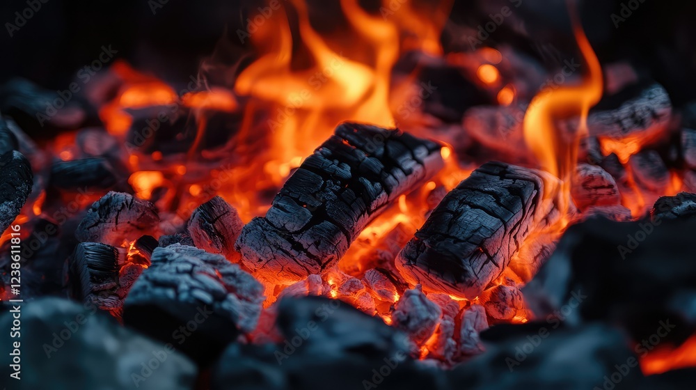 Poster glowing charcoal embers with bright flames in a dark background creating a warm and inviting atmosph