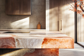 Minimalist kitchen interior, stone countertop flooded with sunlight, concrete and wood design elements