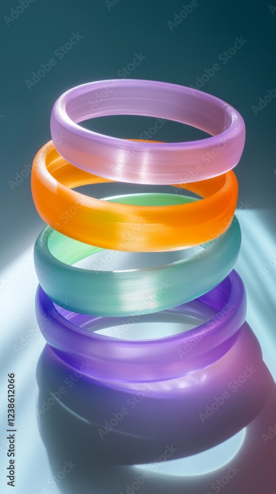Poster translucent bangles in vibrant colors are stacked on top of each other, creating an appealing visual