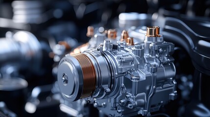 Obraz premium A close-up view of a metallic engine component, showcasing intricate details and a sleek, polished finish, set against a dark, mechanical background.