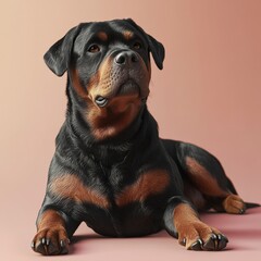 Obraz premium Rottweiler Dog Lying on Its Side with Front Legs Extended in 3D