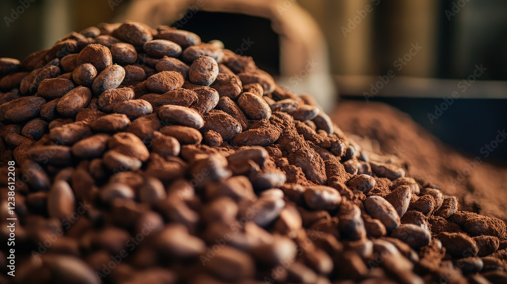 Poster a close-up view of rich cocoa beans and powder in a rustic setting highlighting the natural textures