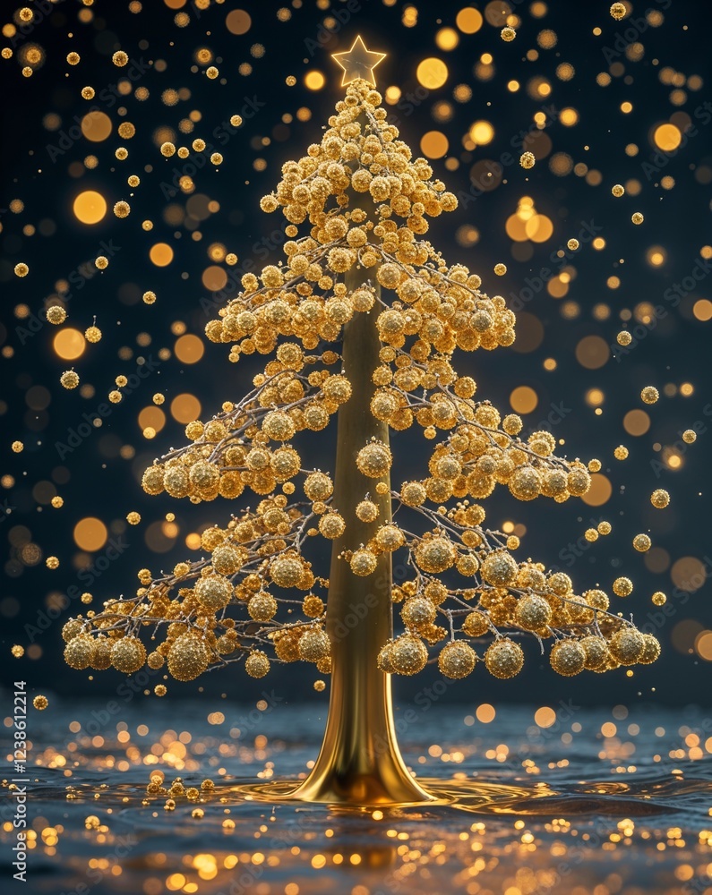 Poster gold floating tree particles forming a glowing shape abstract christmas tree concept background