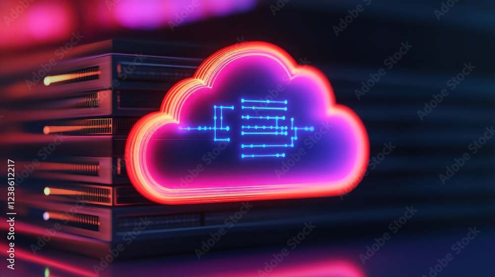 Poster colorful digital cloud icon representing data storage and technology, emphasizing innovation and mod