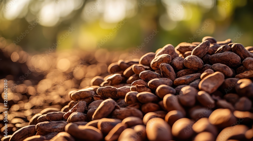 Poster a close-up view of various cocoa beans piled together under soft natural light with a blurred backgr