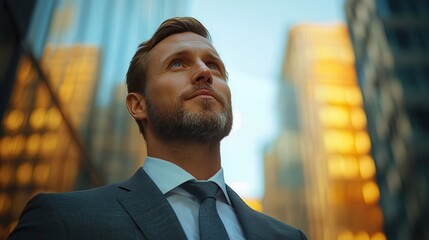 A businesswoman endures career headaches and pain. Confident businessman looking up in a vibrant urban setting.