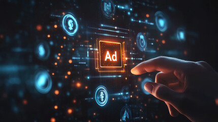 Digital advertising concept with a glowing ad button on a futuristic interface, depicting online marketing, pay-per-click advertising, and data-driven promotional strategie