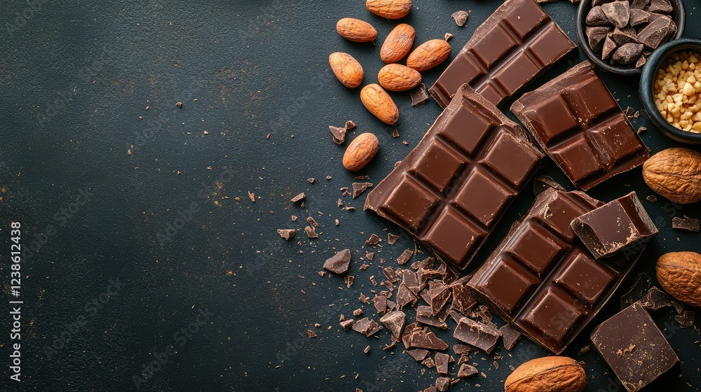 Poster dark chocolate pieces with cocoa beans and nuts arranged on a dark surface, creating an enticing sce