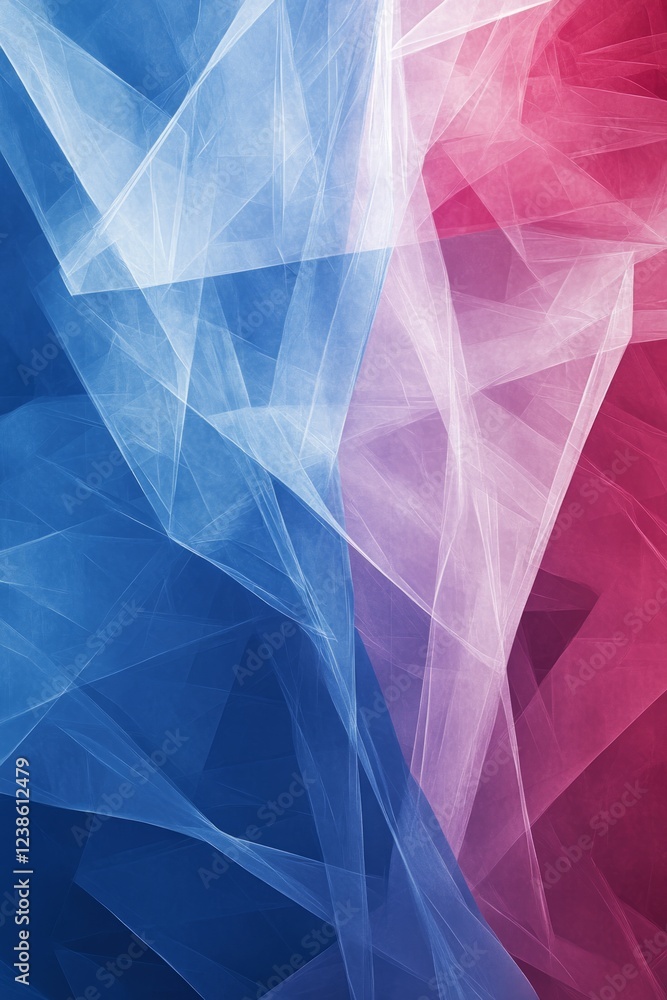 Poster colorful abstract composition showcases intersecting translucent shapes in red and blue, creating a 