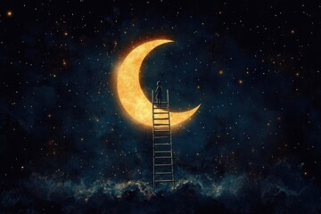 Ladder to the Moon in a Dreamy Night Sky with Soft Watercolors