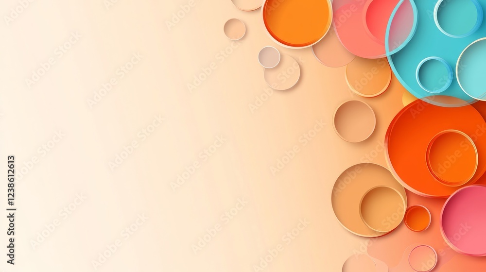 Poster a collection of colorful circles in various sizes is arranged on a soft beige backdrop, adding a pla