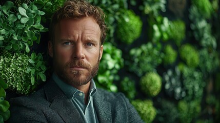 A businesswoman endures career headaches and pain. Man with a beard poses against a green foliage background.