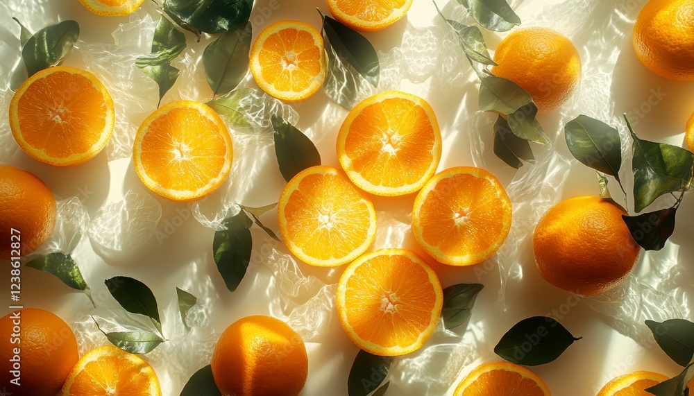 Poster top view of sliced oranges and leaves arranged on a white background, illuminated by sunlight creati