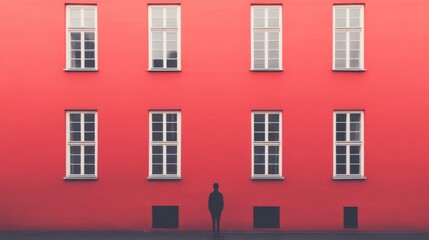 Obraz premium Man silhouetted against red building, urban background, architectural design