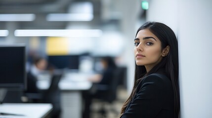 Naklejka premium A businesswoman endures career headaches and pain. Woman in office setting, looking thoughtfully while seated.