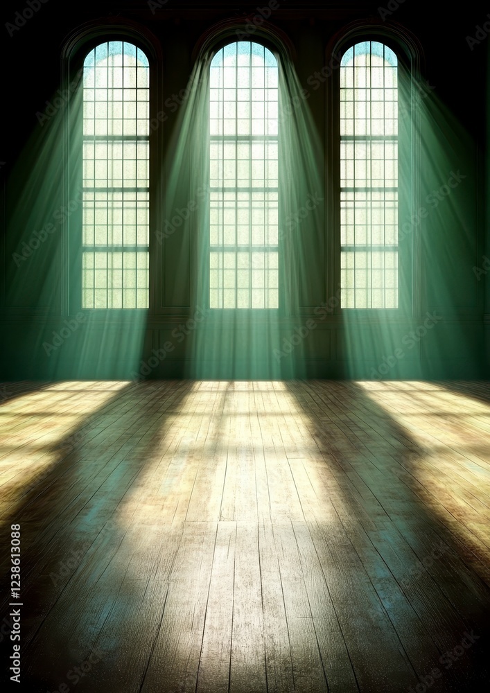 Poster sunbeams stream through three arched windows, illuminating a spacious, empty room with a wooden floo