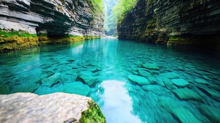 River canyon nature idea. A tranquil scene of clear turquoise water surrounded by lush green cliffs.