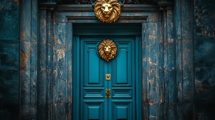 Majestic Teal Doorway Golden Lion Accents. AI Generated