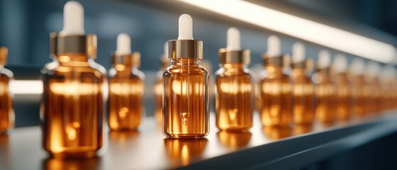 A line of amber glass bottles with droppers, illuminated by soft lighting, suggesting a focus on beauty or skincare products.