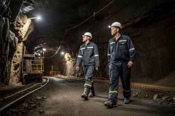 Fototapeta premium Female workers inside a mine with safety clothing