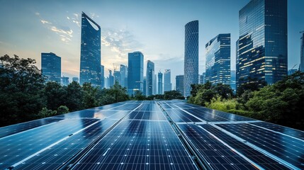 Obraz premium Modern City Skyline with Solar Panels in Bright Urban Environment