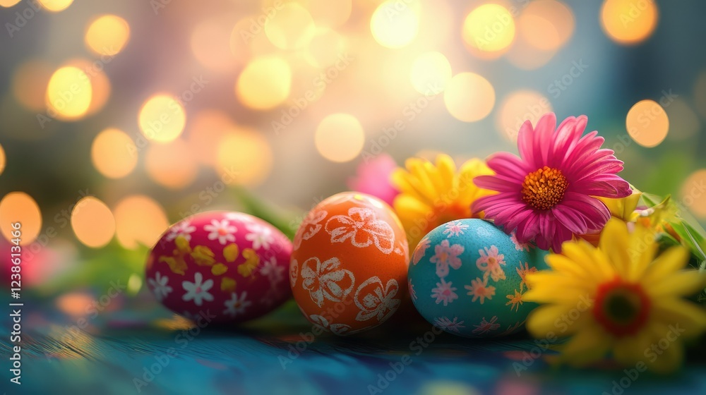 Poster vibrant easter eggs surrounded by colorful flowers against a soft blurred background with bokeh effe