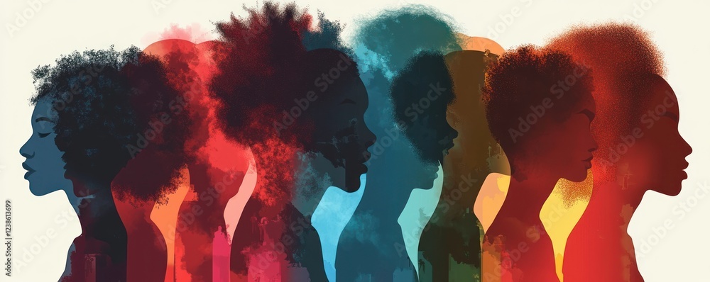 Poster vibrant silhouettes of diverse multicultural human profiles in pop art style emphasizing unity inclu