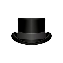 Black top hat realistic 3d vector isolated on white background with elegant satin band and shadow effect, classic headdress fashion themes, vintage style accessory, formal attire design.