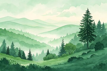 Fototapeta premium Serene Watercolor Landscape with Misty Mountains and Forest