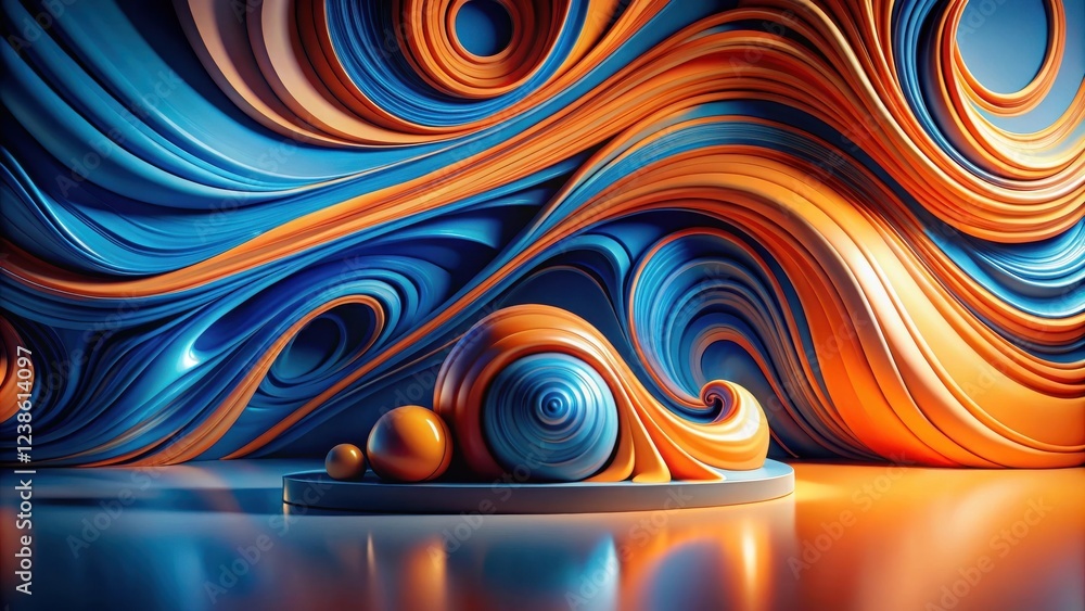 Poster abstract swirling blue and orange forms with spherical elements on a platform