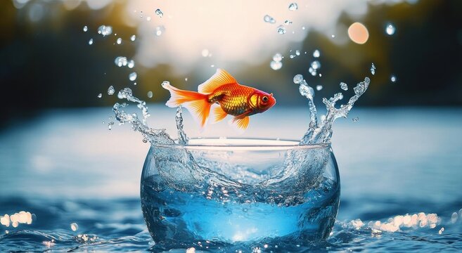 Goldfish Leaps Out of Aquarium into the Sea to Achieve Success and Overcome Challenges in Business