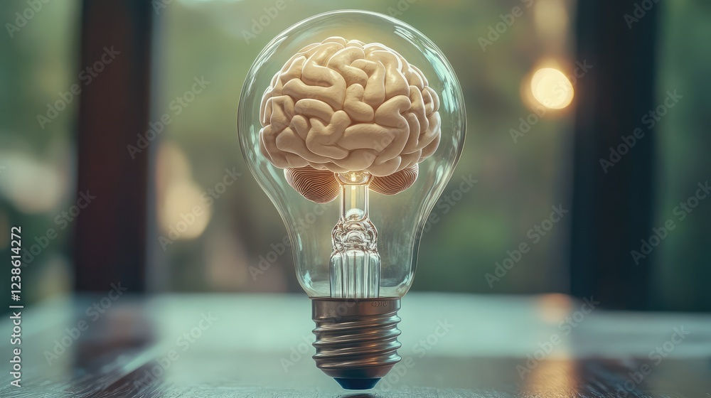 Poster creative concept of brain inside light bulb symbolizing innovative ideas and intellectual enlightenm