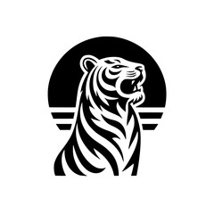 Majestic Roaring Tiger Silhouette at Sunset: A Powerful Wildlife Vector Graphic