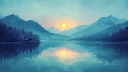 Fototapeta premium Serene sunrise paints tranquil lake reflecting majestic mountains. AI Generated