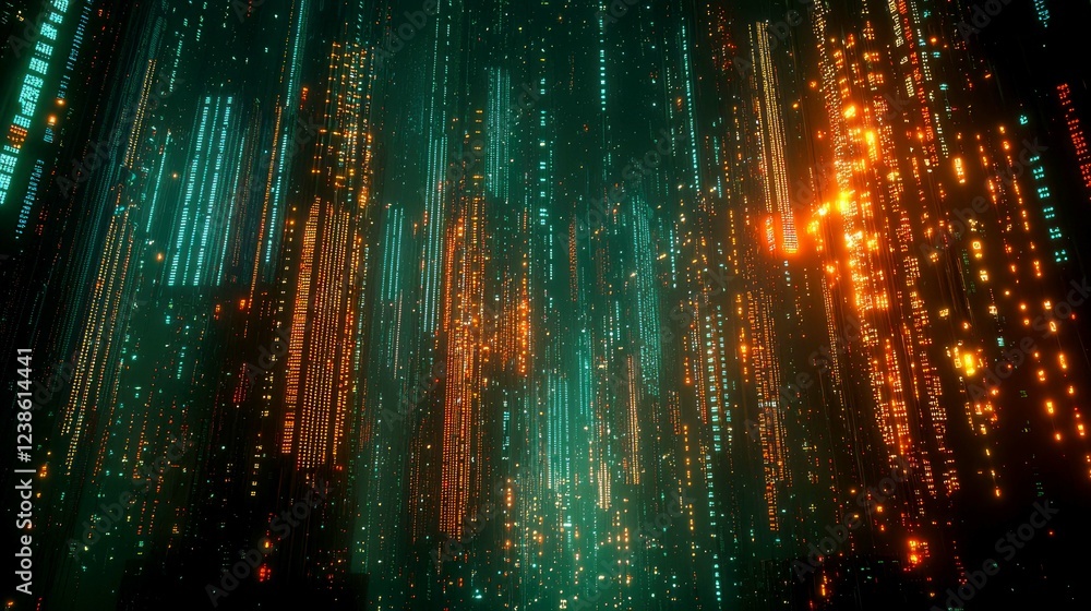 Aufkleber abstract cyberpunk digital art: futuristic cityscape of glowing lines and streams of data. a mesmeri