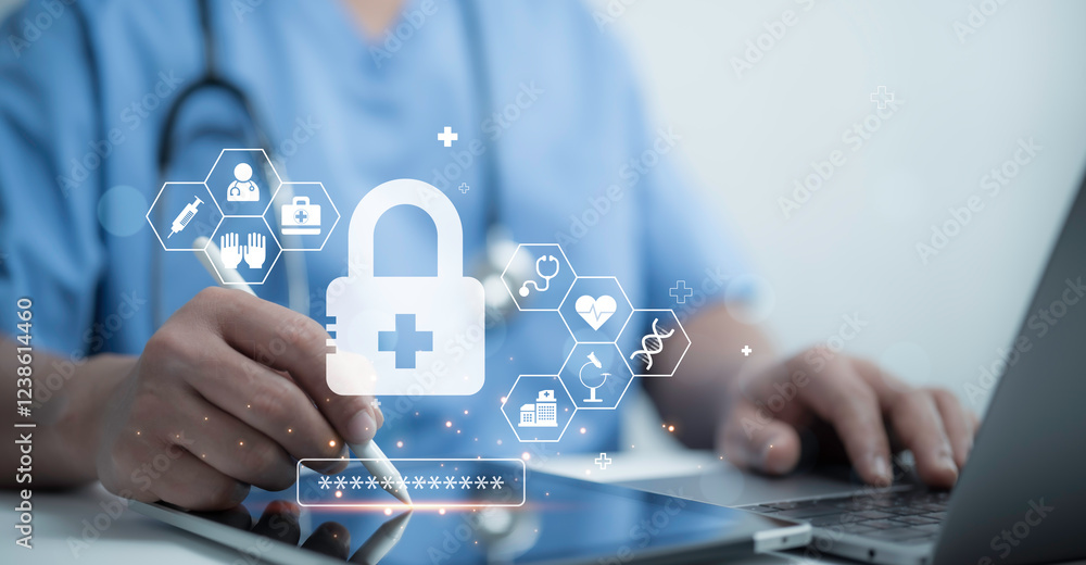 Wall mural Healthcare security concept with digital lock, symbolizing data privacy and protection in medical technology. Ensuring secure access to patient information and compliance with modern cybersecurity