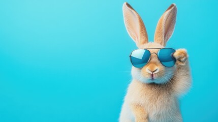 Fototapeta premium Cute and Playful Rabbit Wearing Sunglasses Against a Bright Blue Background, Perfect for Fun and Lighthearted Concepts, Promotions, and Child-Friendly Designs