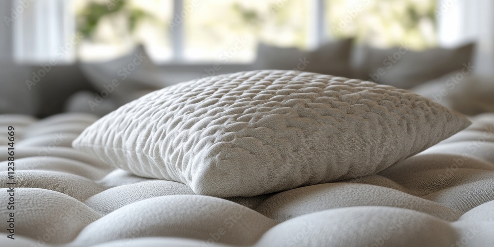 Poster 3d visualization of soft pillow on plush mattress surface