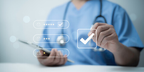 Doctor evaluating healthcare service ratings and patient feedback, representing trust and quality...