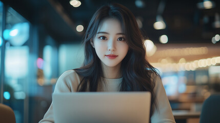 Fototapeta premium Young Asian woman working on a laptop at a modern cafe during the evening