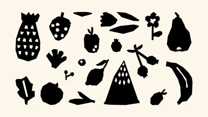 Fruit black and white set – apple, banana, orange, pear, grapes, strawberry, watermelon. A collection of fresh and vibrant fruits, drawn in a flat and naive style, inspired by a garden harvest
