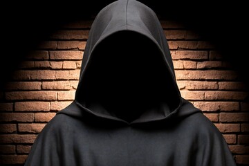 Hooded figure against an illuminated brick wall.