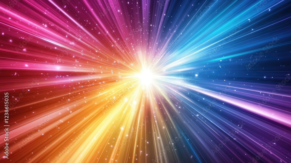 Poster vibrant abstract background with colorful light rays and stars radiating from a central point creati