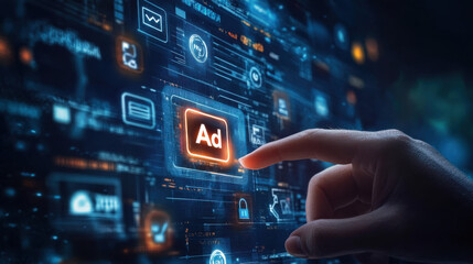 Digital advertising concept with a glowing ad button on a futuristic interface, depicting online marketing, pay-per-click advertising, and data-driven promotional strategie