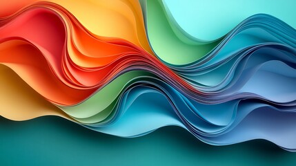 Fototapeta premium Vibrant rainbow paper swirls gently flowing teal background. AI Generated