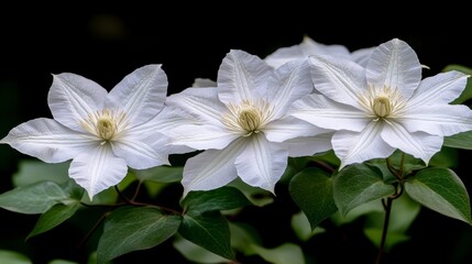 Obraz premium Three pristine white clematis blossoms with textured petals, detailed stamens, and vibrant green foliage, set against a stark black background. The