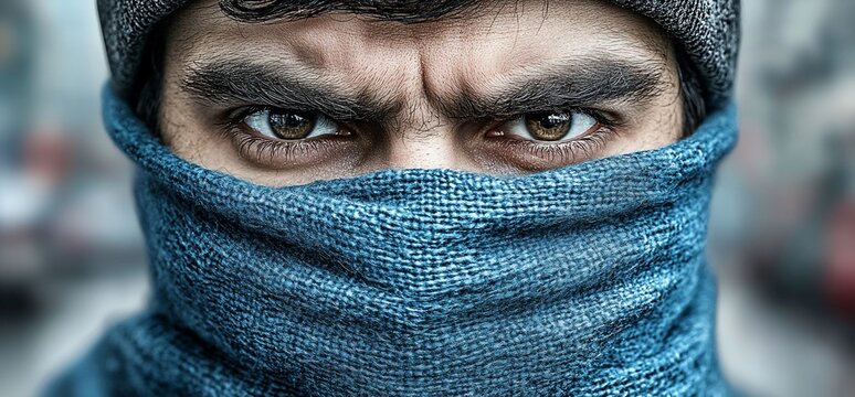 Man with intense stare, face partially covered.